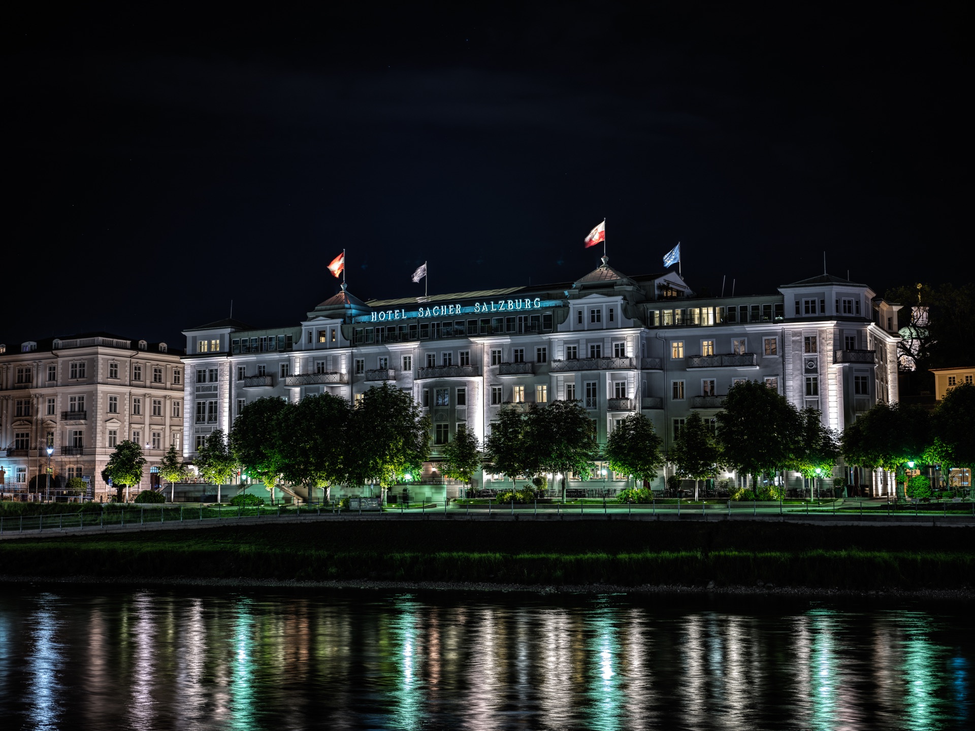 Hotel Sacher illuminated in the Salzburg night